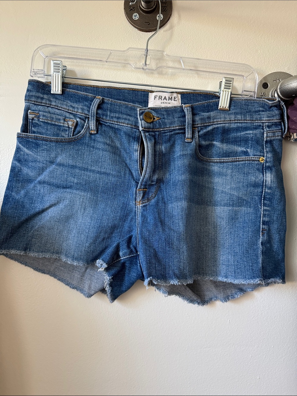 Frame Denim Medium Blue Raw-Hem Cutoff Jean Shorts